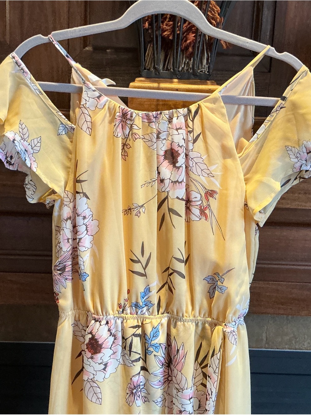 Women’s Yellow Floral Midi Dress with Tie Waist
